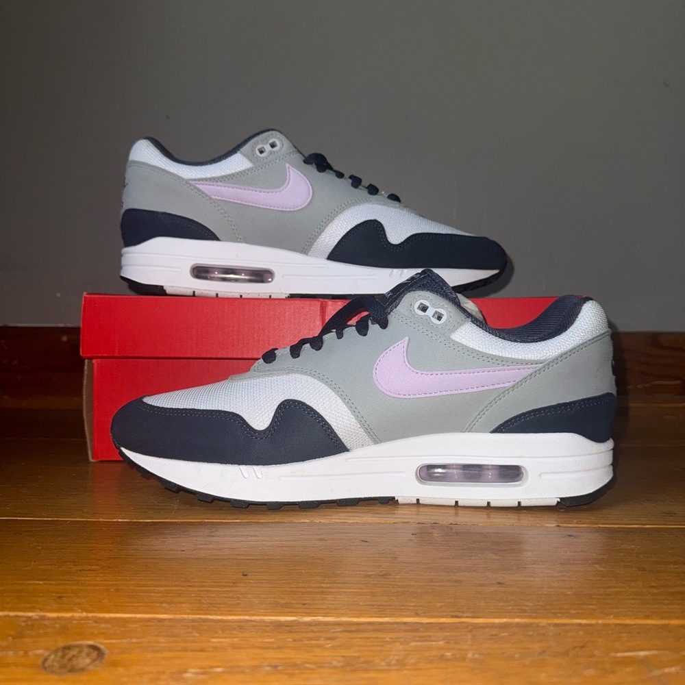Nike Air Max 1, gray navy and lavender sneakers